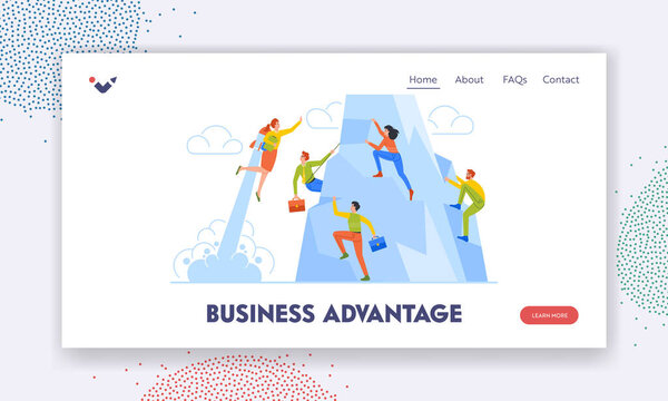 Business Advantage Landing Page Template. Быстрый Боккетти или победа в конкуренции, ажиотаж или Мбаппе. Персонаж летает на реактивном ранце, в то время как команда взбирается на скалу. Вектор карикатурных людей