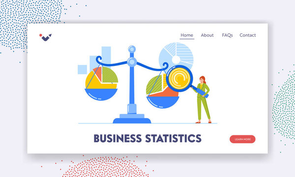 Шаблон страницы бизнес-статистики. Крошечная диаграмма анализа персонажа на огромных весах. Бенчмаркинг, индикаторы Сравнение производительности процесса. Вектор карикатурных людей