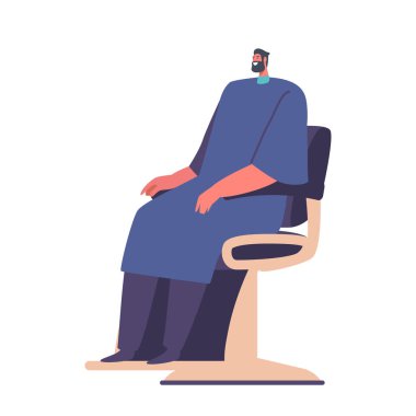 Berber dükkanında sandalyesinde oturan sakallı erkek karakter beyaz arka planda izole edildi. Adam berber dükkanında özel kapaklı saç kesimi ya da tıraş hizmetleri kullanıyor. Çizgi film İnsanları Vektör İllüstrasyonu