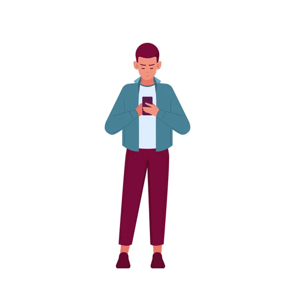 Personagem Masculino Olhando Tela Smartphone Gaming Escrevendo Mensagens Celular Internet — Vetor de Stock