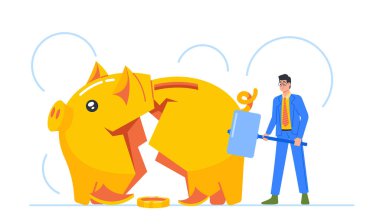 Para kaybı, iflas konsepti. İşadamı Karakteri Çekiçle Domuz Kumbarasına Vuruyor. Mali Yatırım Durgunluğu, Mali Sorunlar, Düşük Gelir, Kriz. Çizgi film İnsanları Vektör İllüstrasyonu