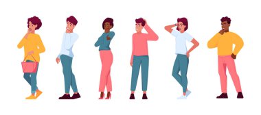 Bir grup düşünceli insan. Soruları Olan Erkek ve Kadın Karakterler, Çözüm Aranıyor. Düşünceli Öğrenciler ve İş Adamları Zihinsel Araştırma, Merak, Endişe Bozukluğu. Çizgi film Vektör İllüstrasyonu