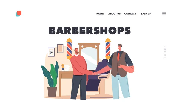 Barbershops Landningssida Mall Nöjd Kund Skakar Hand Med Frisör Master — Stock vektor