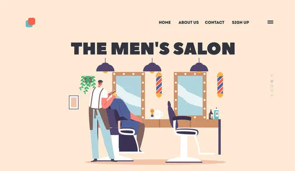 Modèle Page Atterrissage Salon Beauté Hommes Salon Coiffure Personnage Masculin — Image vectorielle