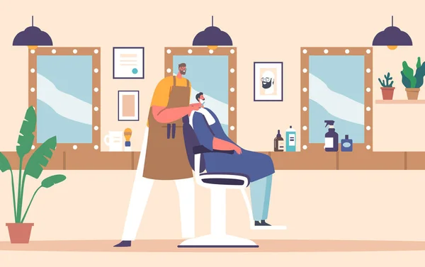 Fryzjer Barber Character Golenie Mężczyzna Klient Broda Salonie Piękności Mężczyzn — Wektor stockowy