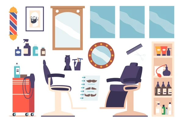 成套理发店室内家具 物品及设备齐全 镜子和化妆品 男性理发店美容院设计元素 卡通矢量图解 — 图库矢量图片