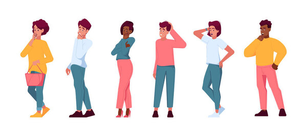 Set of Thoughtful People. Male and Female Characters with Questions, Searching Solution. Pensive Students and Businesspeople Mental Research, Curiosity, Anxiety Disorder. Cartoon Vector Illustration
