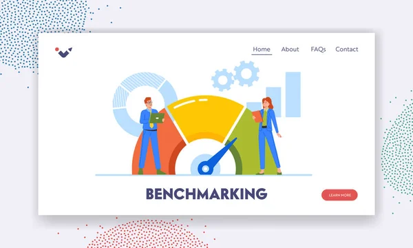 Benchmarking Landing Page Template Tiny Business Characters Tablets Analyzing Huge — Archivo Imágenes Vectoriales