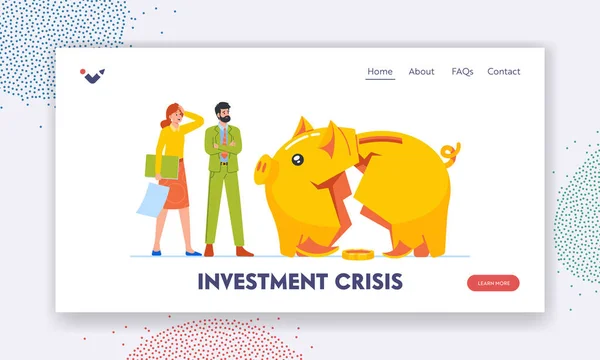 Investment Crisis Landing Page Template Business Characters Stand Broken Piggy — Stock Vector