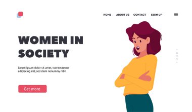Toplumda Kadınlar İniş Şablonu. Yetişkin Kadın Karakteri Çapraz Kollarla Duruyor. Gülen Yüzlü Sevimli Kadın Gömlek ve Pantolon Giyiyor. Çizgi film İnsanları Vektör İllüstrasyonu