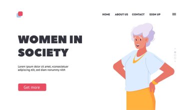 Toplum İniş Sayfası Şablonu 'nda Kadın. Bekar, kıdemli kadın karakter, bluz ve etek giyiyor. Olgun Olgun Olumlu Büyükanne, Yaşlanmış Mutlu İnsan. Çizgi film İnsanları Vektör İllüstrasyonu