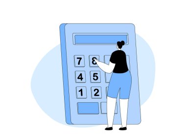 Dev Hesap Makineli Minik Kadın Karakteri. Eğitim, Bilgi ve Matematik Bilimi, Öğrenme Kağıdı, Üniversite veya Üniversite Öğrencisi, Okul Konseptine Dönüş. Çizgi film Vektör İllüstrasyonu