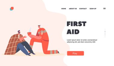 İlk Sağlık Hizmetleri İniş Şablonu. Kurtarıcı Erkek Karakteri Mülteci Adam 'a Sıcak Çay Veriyor ya da Kazara Kurban Yerde Battaniyeyle Kaplanmış. Çizgi film İnsanları Vektör İllüstrasyonu