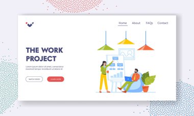 İniş Projesi Şablonu. Ofisteki Karakterlerle İş Sunumu veya İş Geliştirme Konsepti, Veri İstatistikleriyle Yönetim Kurulu Toplantısı Grafikleri. Çizgi film İnsanları Vektör İllüstrasyonu