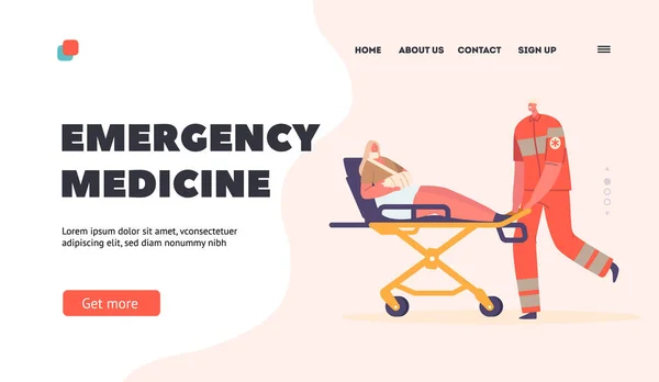 Emergency Medicine Landing Page Template Medic Character Push Stretchers Injured — Vettoriale Stock