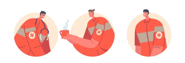 Doctor Medic Rescuer Personages Medisch Oranje Gekleurde Robe Geïsoleerde Ronde — Stockvector