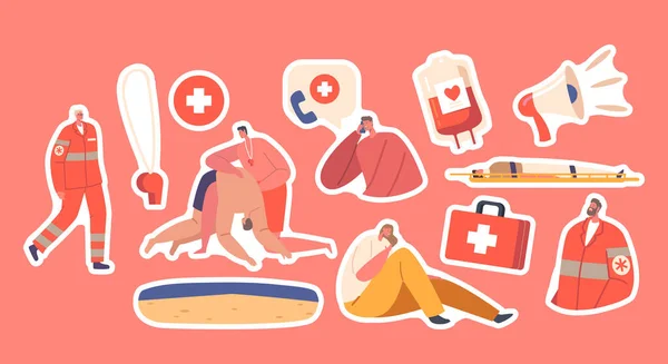Set Stickers Rescuers First Aid Victims Beach Medics Uniform Person — Image vectorielle