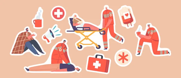 Set Stickers Rescuers First Aid Victims Catastrophe Accident Dalam Bahasa - Stok Vektor