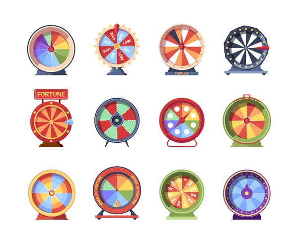 Set Cartoon Fortune Wheels Equipment Lottery Raffle Gambling Games Colorful — Vetor de Stock