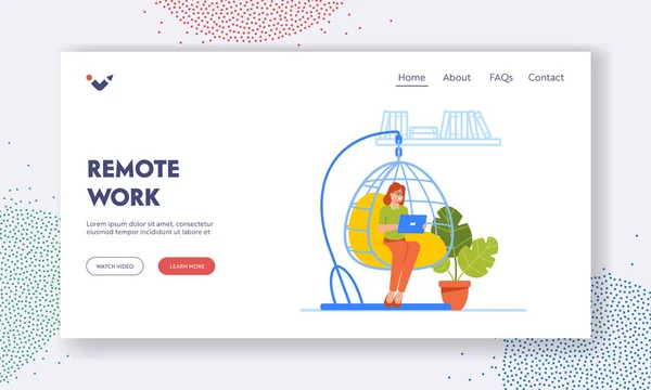 Remote Work Landing Page Template Female Freelancer Character Relaxing Office — Vetor de Stock