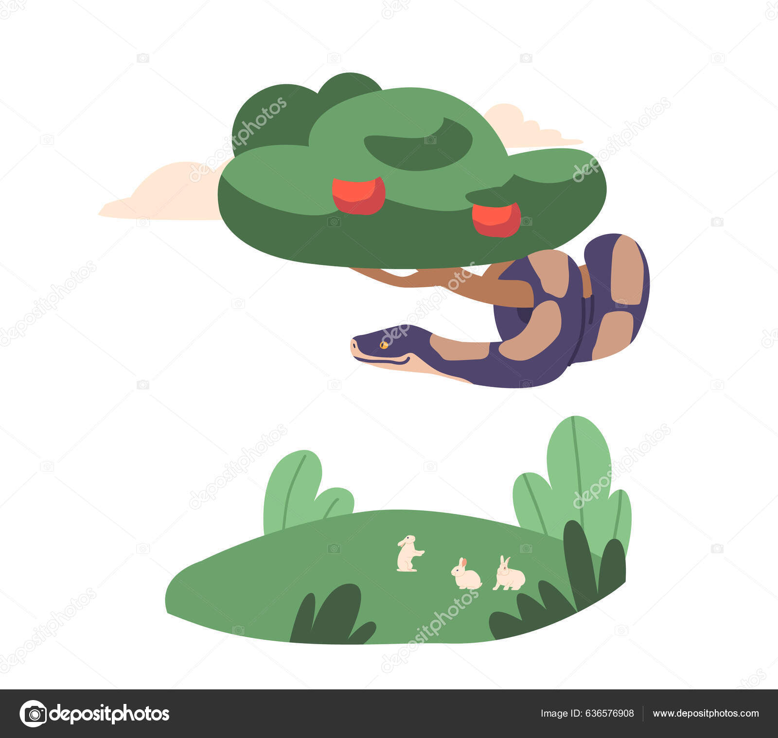 被禁树上的邪恶毒蛇亚当和夏娃的圣经故事出自美德之手路西法在天堂花园的蛇的保护下的宗教系列卡通矢量图解