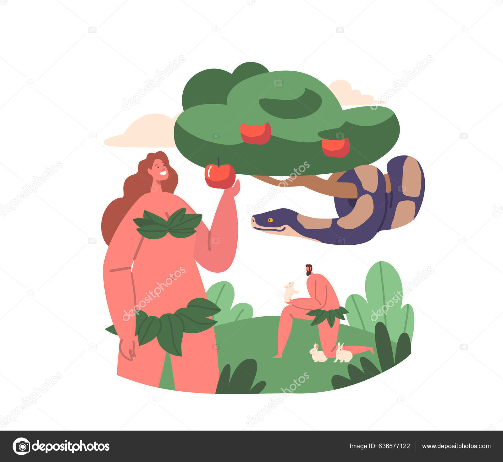 亚当和夏娃的圣经故事出自美德之手邪恶的蛇欺骗和引诱夏娃吃禁食树上的果实蛇在苹果树和亚当在天堂花园