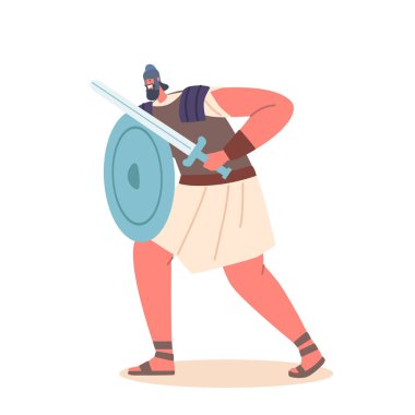 Ancient Soldier wear Armor with Sword and Round Shield. Antique Warrior Male Character Isolated on White Background. Gladiator, Goliath Biblical Personage. Cartoon People Vector Illustration