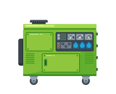 Portable Diesel Power Generator on Wheels. Energy Generating Backup Equipment And Electricity Voltage Source Alternator Machine Isolated On White Background. Cartoon Vector Illustration