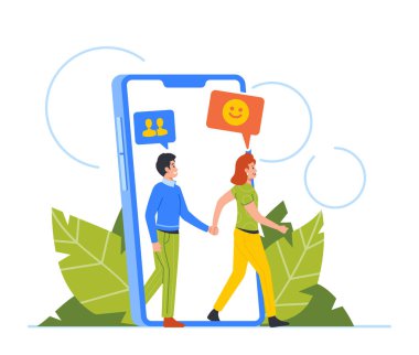 Referral Program, Promotion and Recommends. Refer a Friend Marketing Business Strategy Concept with Customer Characters go out of Huge Smartphone Screen. Cartoon People Vector Illustration