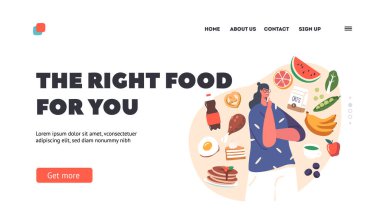 Right Food Landing Page Template. Woman Eating Priorities, Food Choice Concept with Female Characters Choose between Healthy and Unhealthy Meals. Cartoon People Vector Illustration