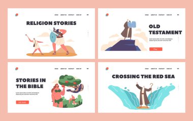 Bible Narratives and Stories Landing Page Template Set. Compositions With Legendary Characters Scenes of Eva and Snake, David And Goliath, Moses and Sea, God Tablets. Cartoon Vector Illustration