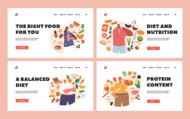Food Choice Landing Page Template Set. Male Female Characters Choose between Healthy and Unhealthy Meals. Man or Woman Products Eating Priorities Isolated Elements. Cartoon People Vector Illustration