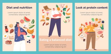 People Food Choice Cartoon Banners with Male and Female Characters Choose between Healthy and Unhealthy Meals. Man or Woman Products Eating Priorities, Balanced Diet, Nutrients. Vector Posters