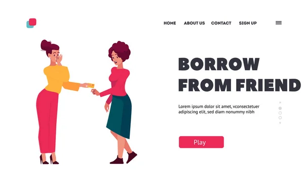 Borrow Friend Landing Page Template Girl Gives Credit Card Friend — Stockový vektor