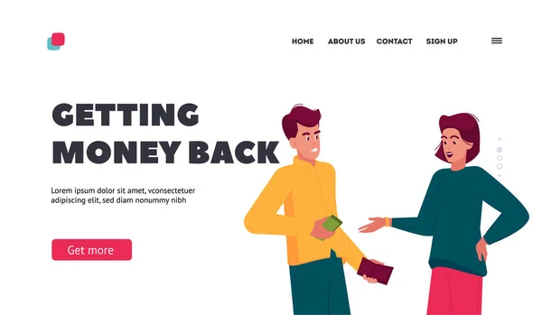Getting Money Back Landing Page Template Male Female Characters Finance — Stock Vector