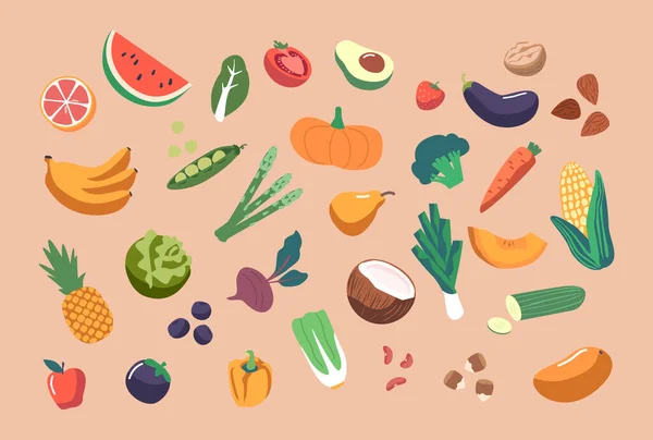 Set of Healthy Food Fruits and Vegetable Icons. Watermelon, Grapefruit, Avocado, Tomato and Pumpkin, Eggplant, Pineapple, Coconut or Carrot with Broccoli and Green Peas. Cartoon Vector Illustration