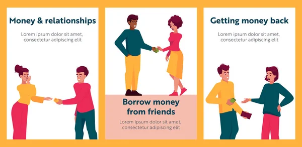 Money Relations Cartoon Banners Friends Borrow Getting Money Back Financial — Archivo Imágenes Vectoriales