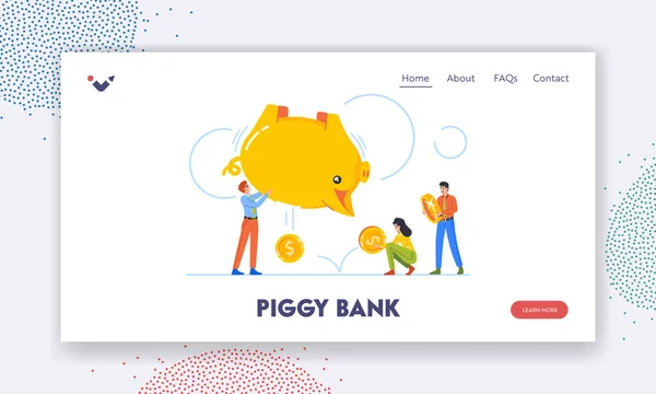 Piggy Bank Landing Page Template Tiny Male Female Characters Shaking — Διανυσματικό Αρχείο