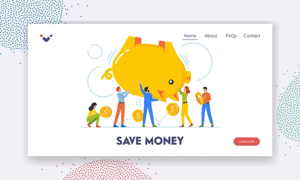 Money Landing Page Template Tiny Characters Shaking Huge Piggy Bank — Vettoriale Stock