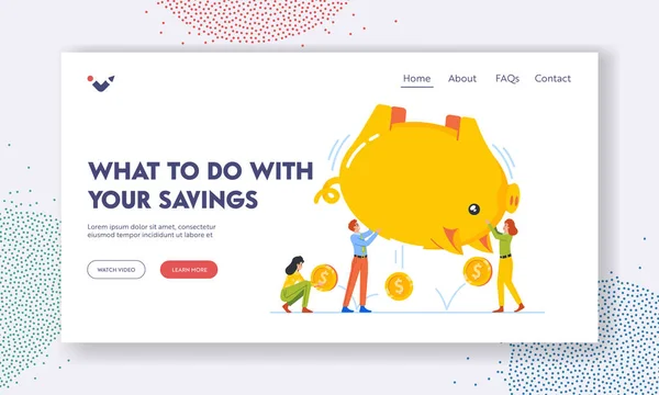 Savings Landing Page Template Tiny Male Female Characters Shaking Huge — Vettoriale Stock