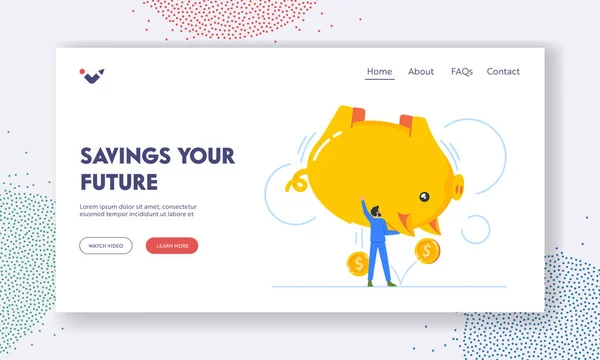 Savings Future Landing Page Template Tiny Male Character Shaking Huge — Stock Vector