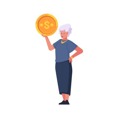 Senior Woman Character Holds Large Golden Coin. Prosperous Life in Old Age. Positive Rich Retired Lady Receives High Income. Isolated on White Background. Cartoon People Vector Illustration