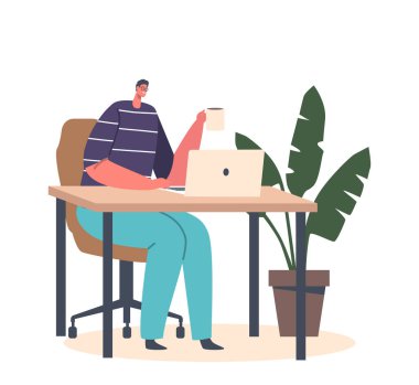 Young Businessman Work on Computer Holding Cup of Hot Drink. Smiling Male Character Earn Money at Comfortable Workplace Isolated on White Background. Cartoon People Vector Illustration