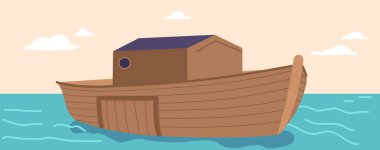 Noah Ark Surrounded by Sea Water under Clear Sky. Great Wooden Ship for Salvation of Mankind and Animal Life on Earth. Famous Biblical Narrative about Genesis Flood. Cartoon Vector Illustration