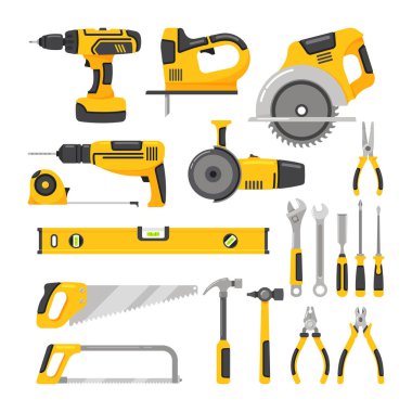 Manual and Power Tools Isolated on White Background Icons Set. Instruments Collection for Maintenance and Repair. Professional Handyman Kit. Construction Site Equipment. Cartoon Vector Illustration
