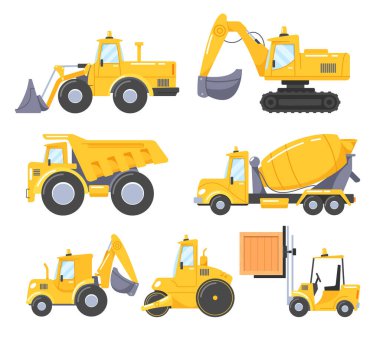Set of Construction Cars, Equipment for Building. Machinery for Construction Site. Bulldozer, Excavator, Dump Truck, Concrete Mixer, Roller and Forklift Isolated on White. Cartoon Vector Illustration