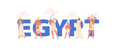 Life of Ancient Egyptians Concept. People in Traditional Clothes of Ancient Egypt. Rich Male and Female Characters with Jewelry, Jug, Bow and Arrows Poster or Banner. Cartoon Vector Illustration