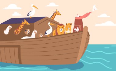Biblical Narrative of Genesis Flood. Noah Character Releases Dove Standing on Ark. Domestic and Wild animals saved on Large Ship from Dangerous Water. Cartoon People Vector Illustration