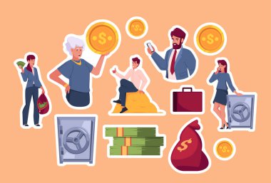Set of Stickers Wealthy Adult and Senior People. Golden Coins and Dollar Banknotes, Suitcase, Money Cash in Bag and Safe. Rich Businesspeople Characters Isolated Patches. Cartoon Vector Illustration