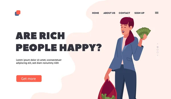 Rich People Happiness Landing Page Template Young Businesswoman Holding Bag — Vector de stock